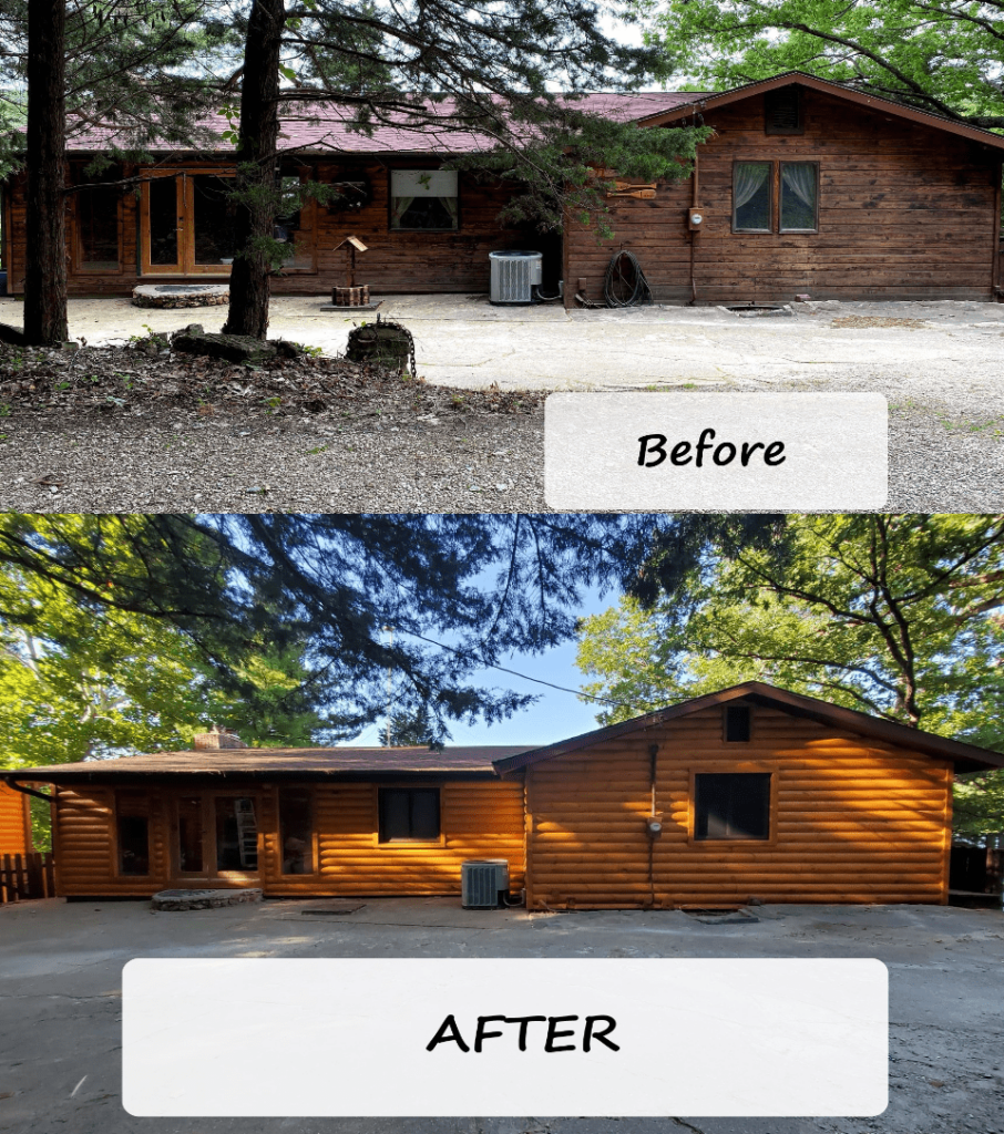 A side-by-side comparison of a house, showing a significant transformation from a dull exterior to a bright, refreshed log cabin look.