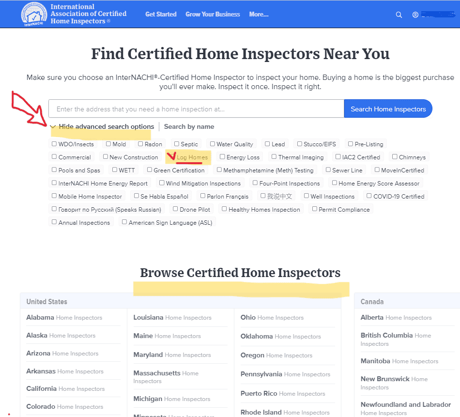 Website interface for finding certified home inspectors, featuring search options and a list of states.