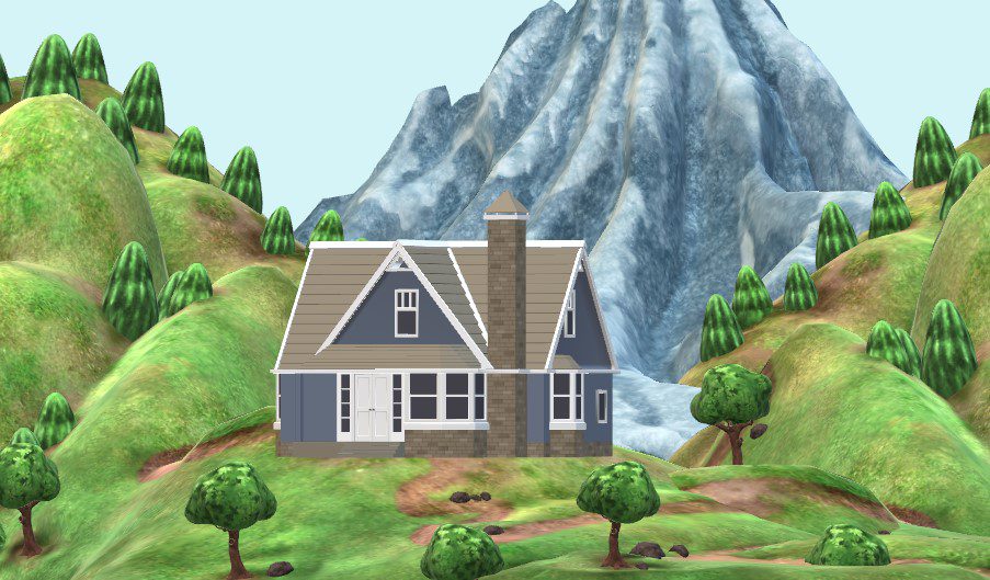 A cozy house sits on a grassy hill, surrounded by stylized trees and a large mountain in the background.