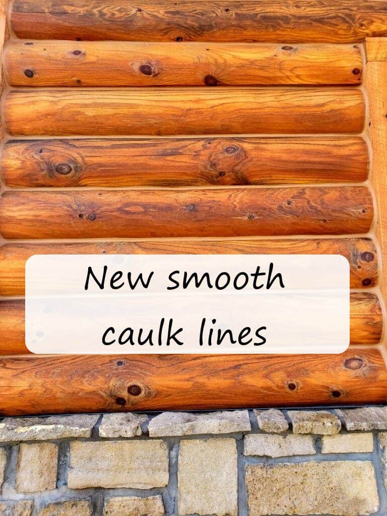 this image shows the side of a log and stone wall with new smooth caulk lines 