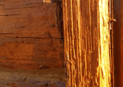 Furred door trim and deck, likely from inexperienced pressure washing techniques, a result of improper stain removal techniques to remove the old stain.