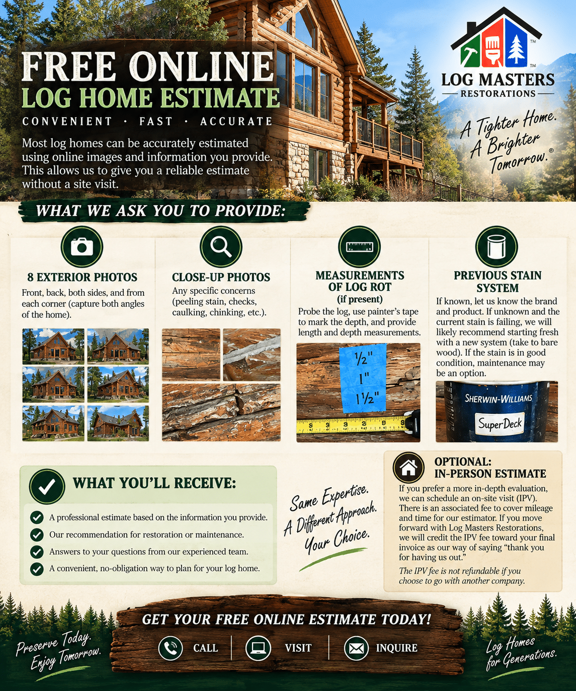 Log Masters Restorations guide to requesting a free online log-home estimate with exterior photos, close-ups, rot measurements, and stain history.