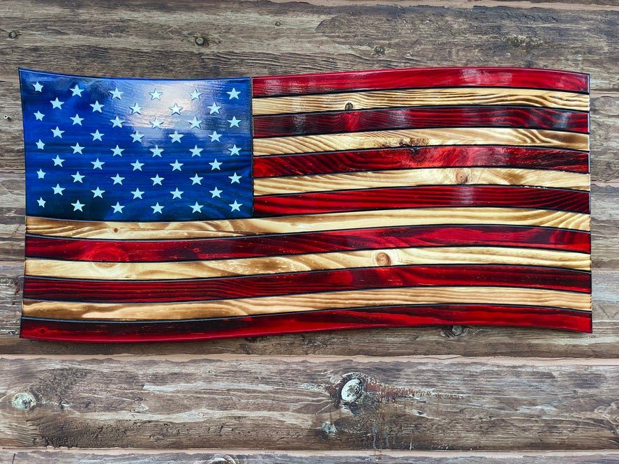 Handcrafted Rustic Wooden Waving American Flag Wall Art made in the U.S.A.