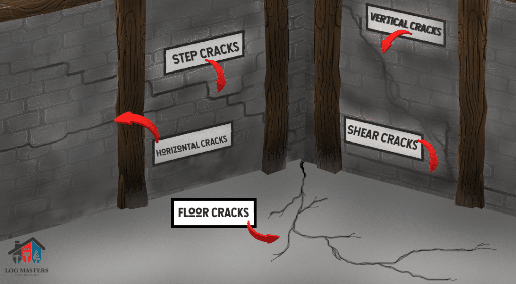 image depicts basement foundation concrete block wall with 5 forms of cracks commonly found when your home settles: 1. Horizontal 2. Vertical, 3 Step, 4 Shear, and 5 Floor cracks. 