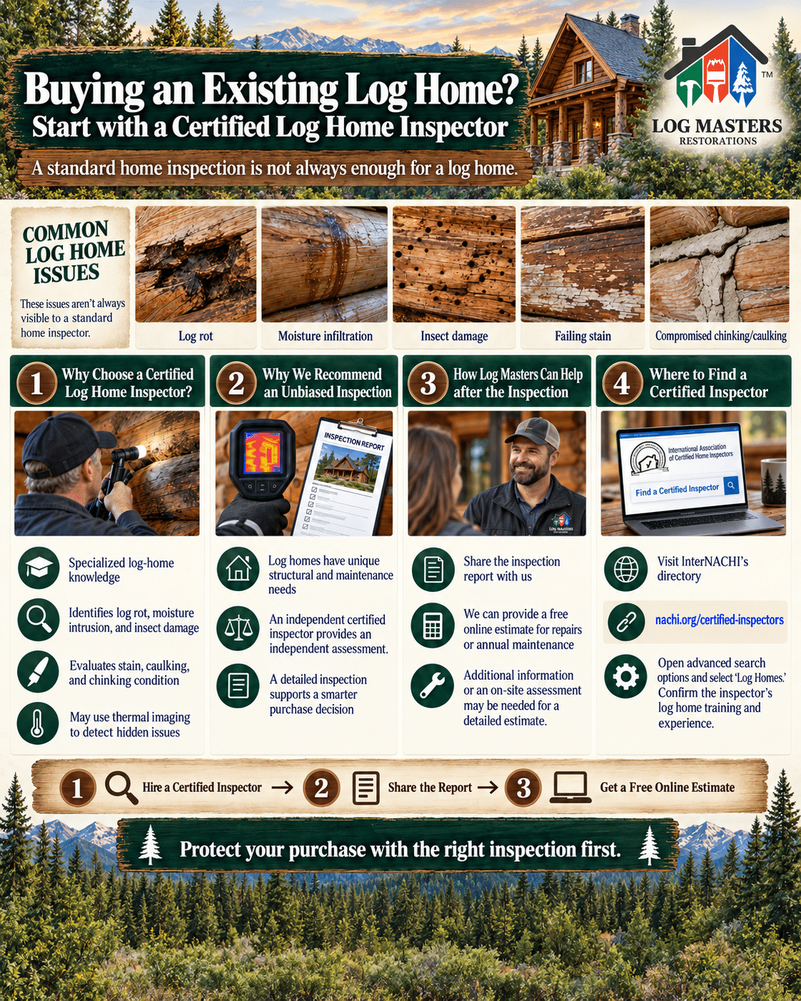 Log-home buying infographic showing common damage, the value of an independent inspector, and how Log Masters Restorations helps estimate restoration needs.